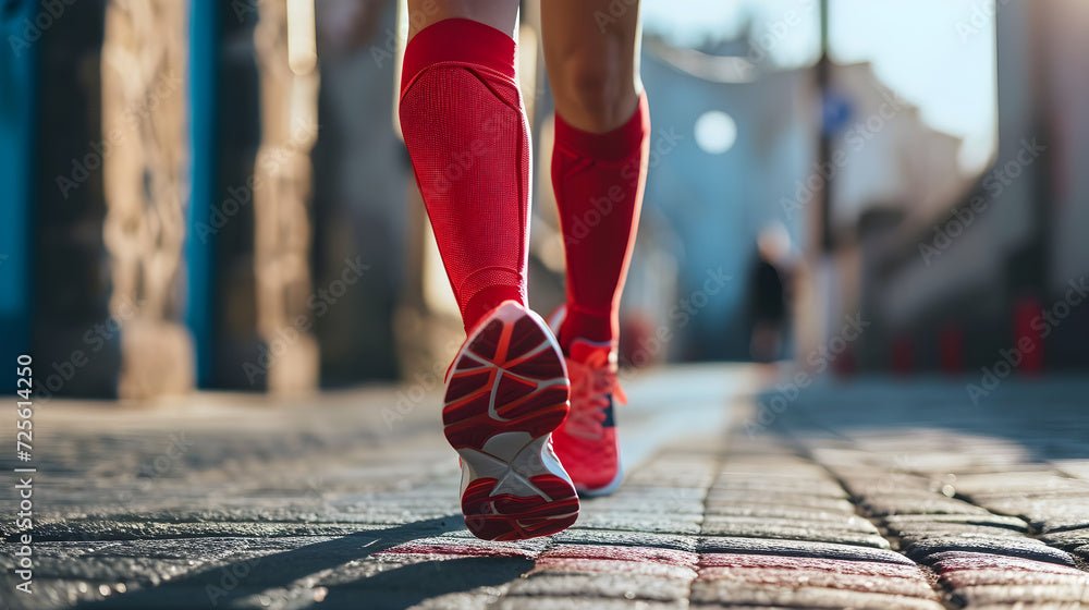 Back view of a runner in Fitknitsocks compression socks, demonstrating the importance of comfort and stability for physical and mental health