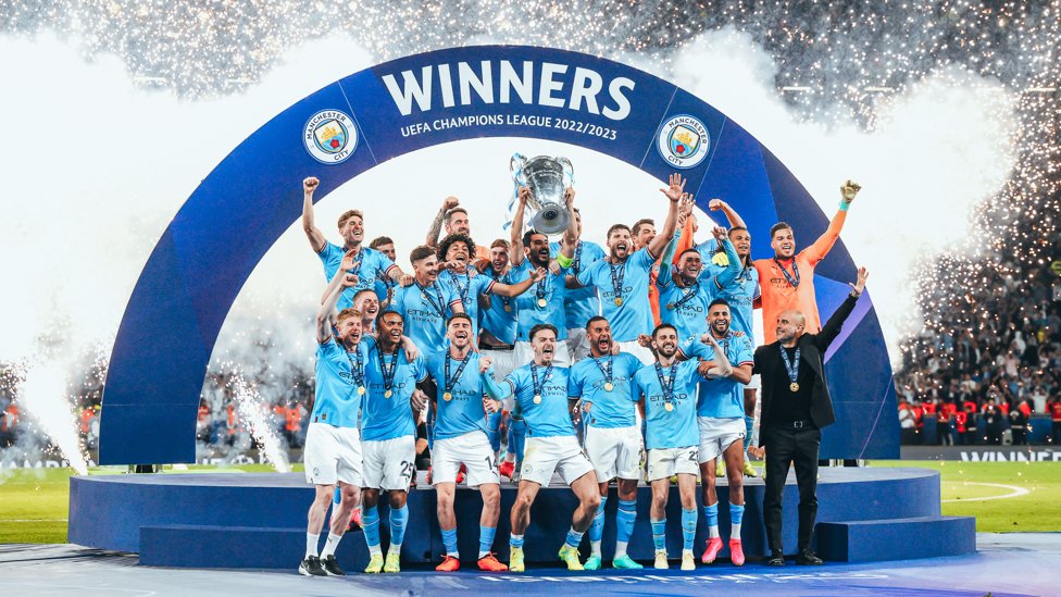 Manchester City celebrating their 2023 Premier League victory on stage