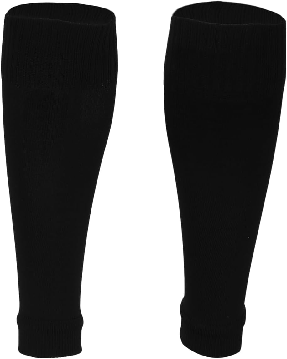 A pair of black shin sleeves designed to provide additional support and comfort, shown standing against a white background.