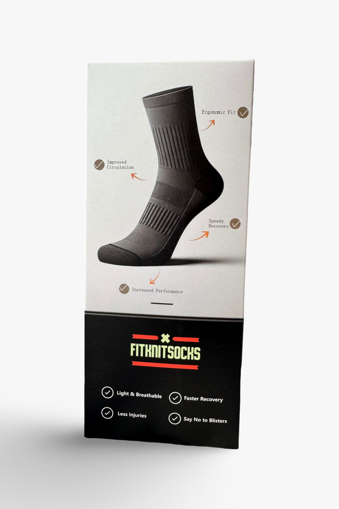 FitKnitSocks packaging displaying black compression socks, highlighting benefits such as improved circulation, ergonomic fit, speedy recovery, and increased performance. FitKnitSocks logo with features: Light & Breathable, Faster Recovery, Less Injuries, Say No to Blisters.