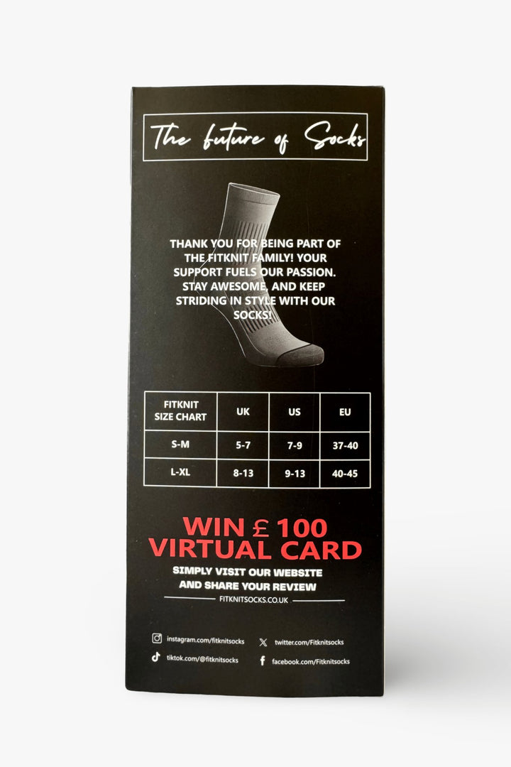 FitKnitSocks packaging showcasing black grip socks with ergonomic fit, improved circulation, and faster recovery benefits.