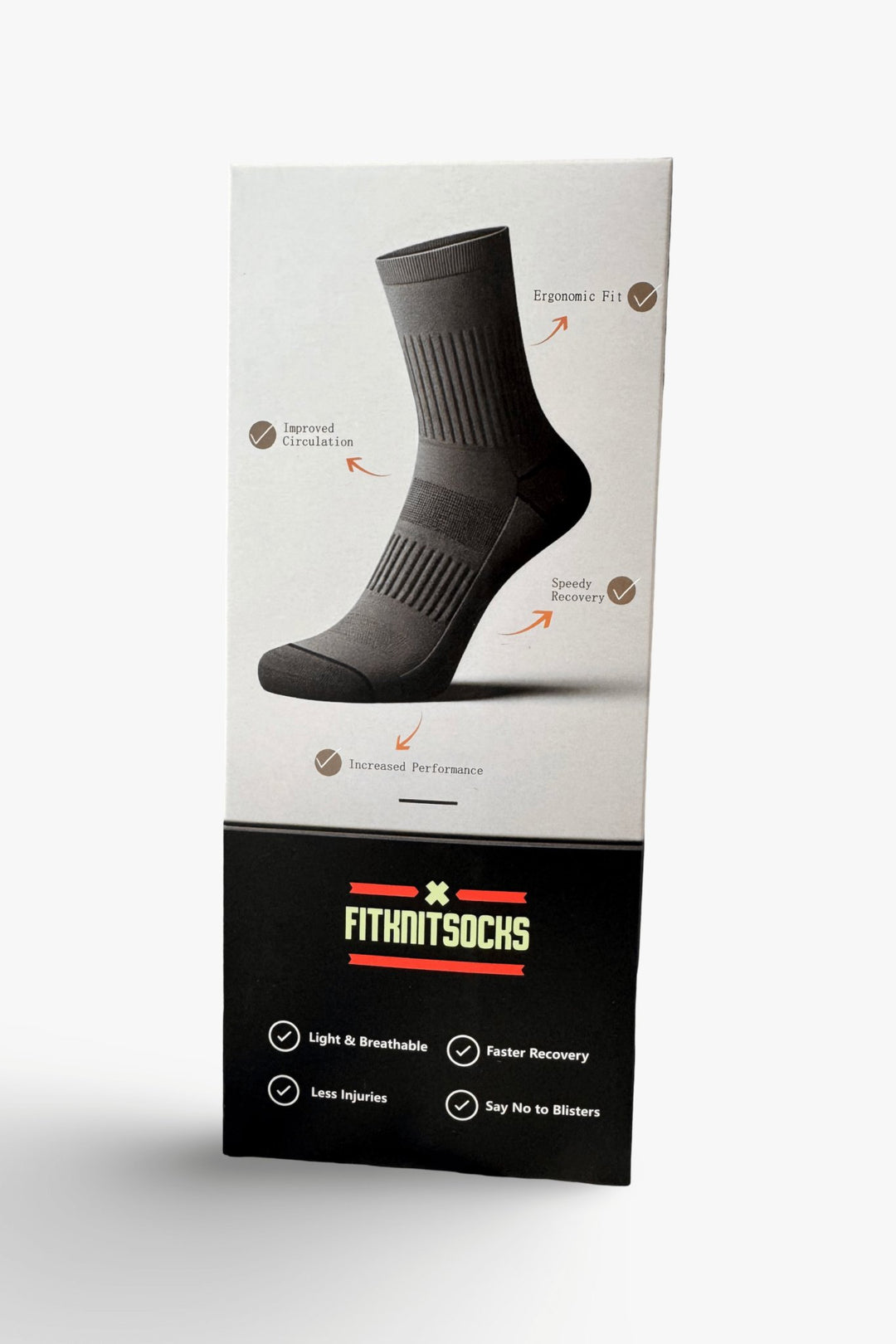 FitKnitSocks packaging displaying black grip socks, emphasizing features such as ergonomic fit, improved circulation, increased performance, and speedy recovery.