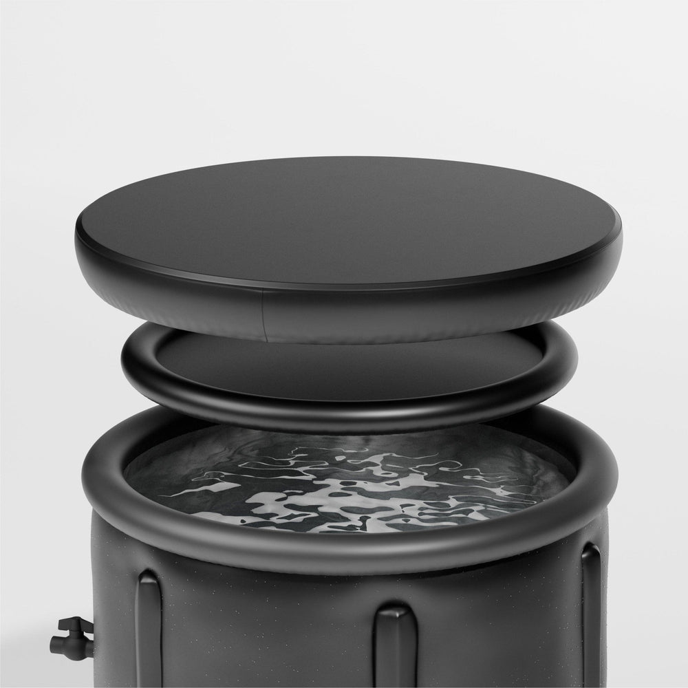 Portable pod for athletes' ice bath, shown with its black lid and internal rings, highlighting the durable, compact design ideal for post-workout recovery.