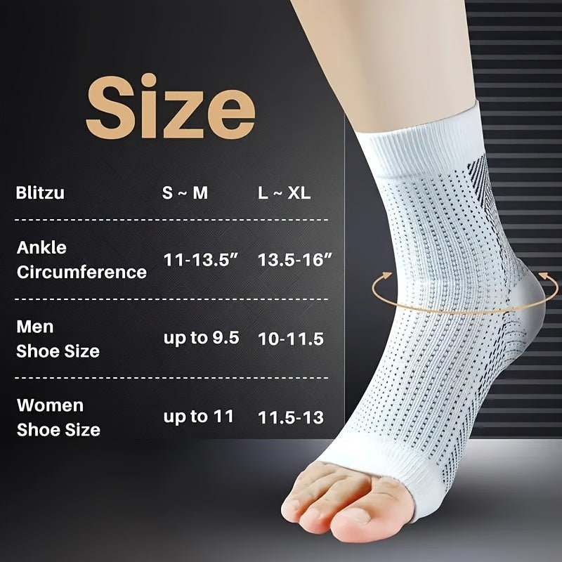 Size guide for white neuropathy compression socks, detailing ankle circumference and shoe sizes for men and women.