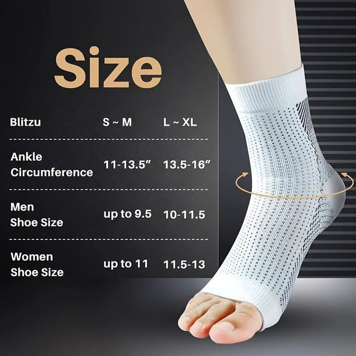 Size guide for white neuropathy compression socks, detailing ankle circumference and shoe sizes for men and women.