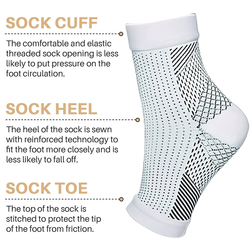 Size chart for white neuropathy compression socks showing dimensions for S/M and L/XL sizes.