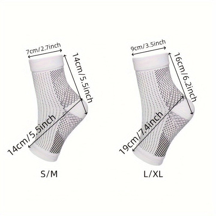 Detailed features of white neuropathy compression socks highlighting the sock cuff, heel, and toe construction for comfort and fit.